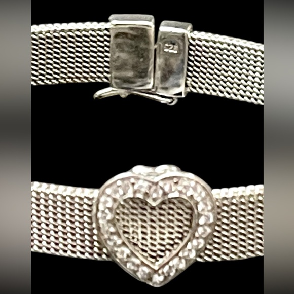 925 Sterling silver sliding heart charm bracelet with double clasp - Picture 2 of 5